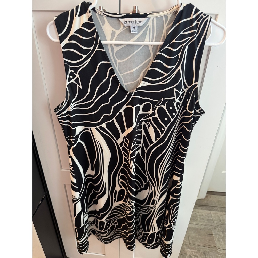 La Mer Luxe Womens Black White Abstract Tropical Leaf V-Neck Shift Dress Size M